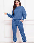 Dark Slate Blue Round Neck Long Sleeve Sweatshirt and Pants Set