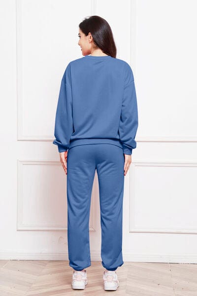 Steel Blue Round Neck Long Sleeve Sweatshirt and Pants Set