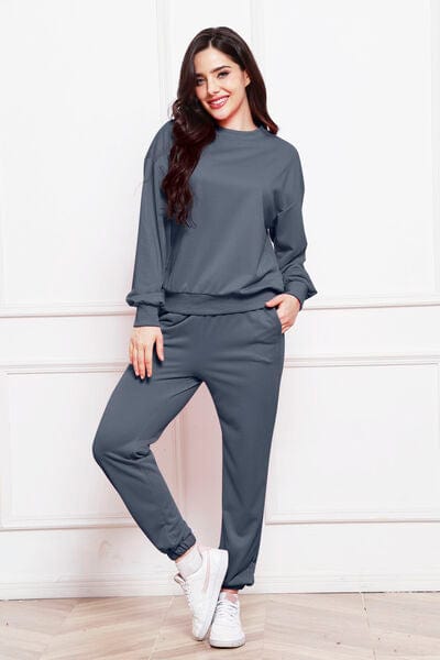 Dark Slate Gray Round Neck Long Sleeve Sweatshirt and Pants Set