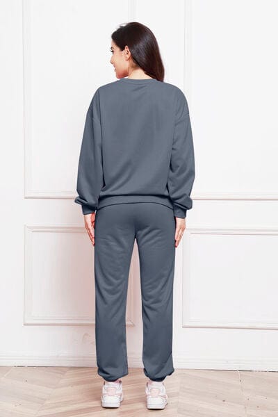 Dim Gray Round Neck Long Sleeve Sweatshirt and Pants Set