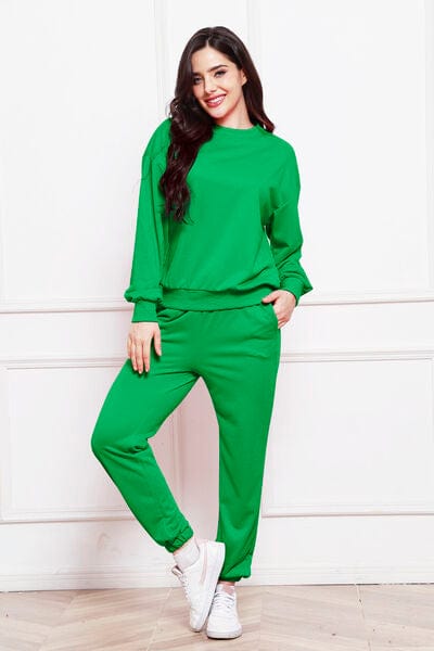 Sea Green Round Neck Long Sleeve Sweatshirt and Pants Set