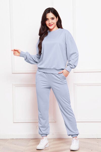 Lavender Round Neck Long Sleeve Sweatshirt and Pants Set