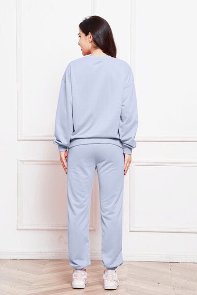 Lavender Round Neck Long Sleeve Sweatshirt and Pants Set