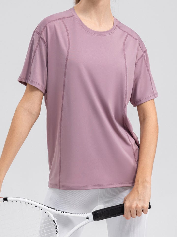 Gray Round Neck Short Sleeve Active Top