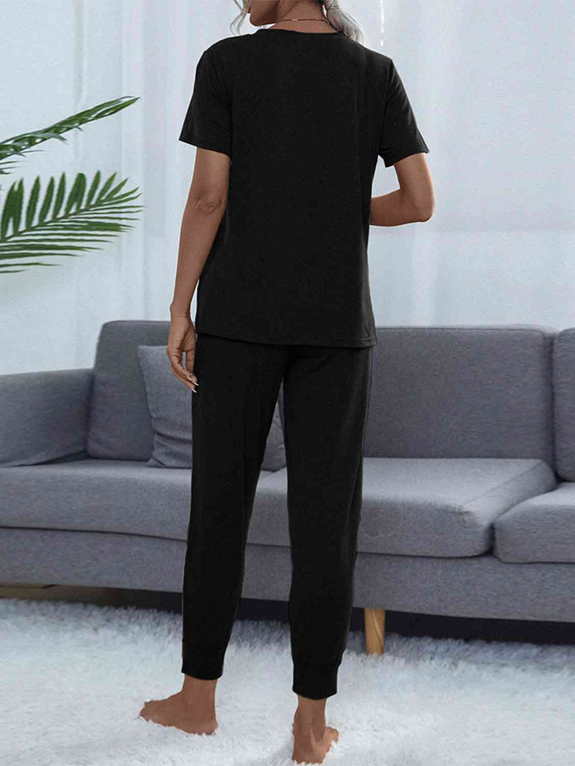 Dark Slate Gray Round Neck Short Sleeve Top and Pants Set