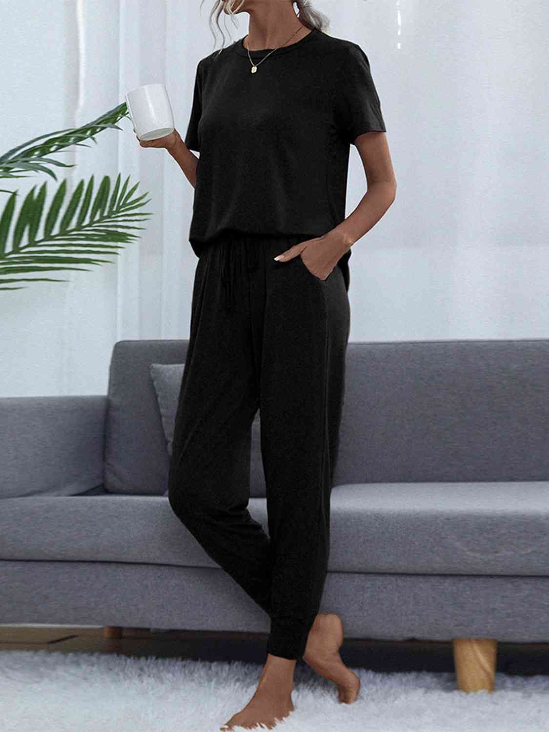 Dark Slate Gray Round Neck Short Sleeve Top and Pants Set