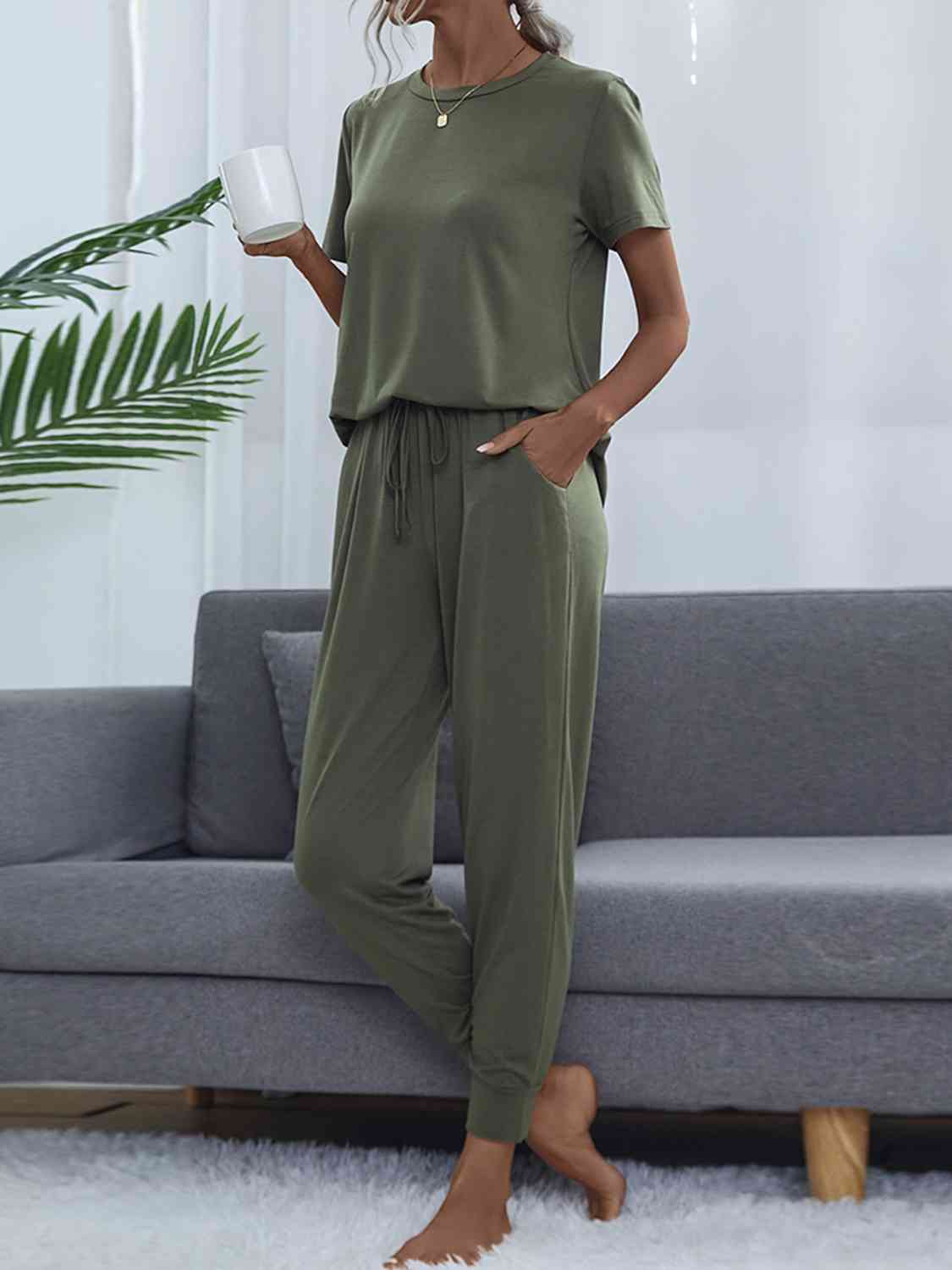 Dark Slate Gray Round Neck Short Sleeve Top and Pants Set