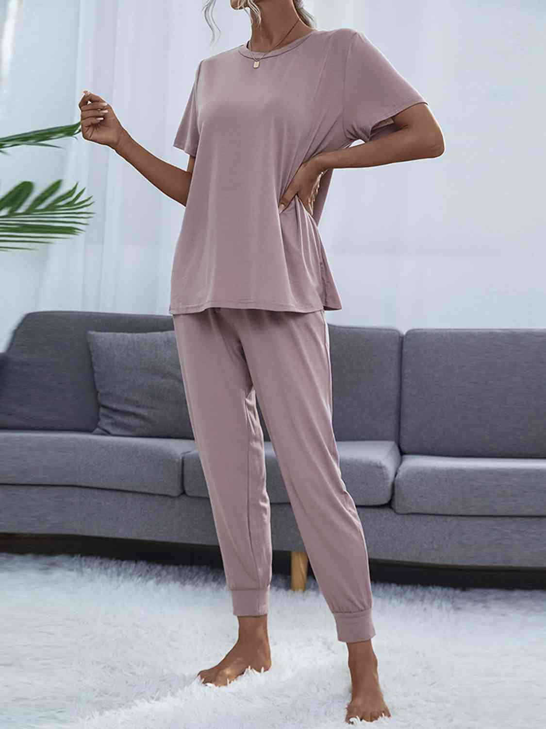 Gray Round Neck Short Sleeve Top and Pants Set