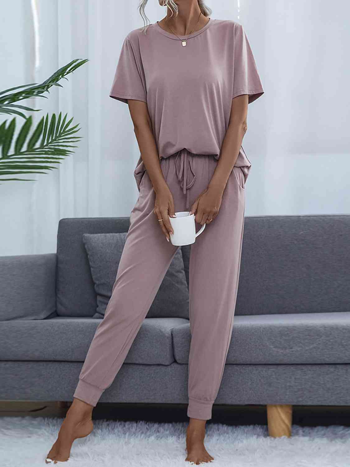 Dim Gray Round Neck Short Sleeve Top and Pants Set