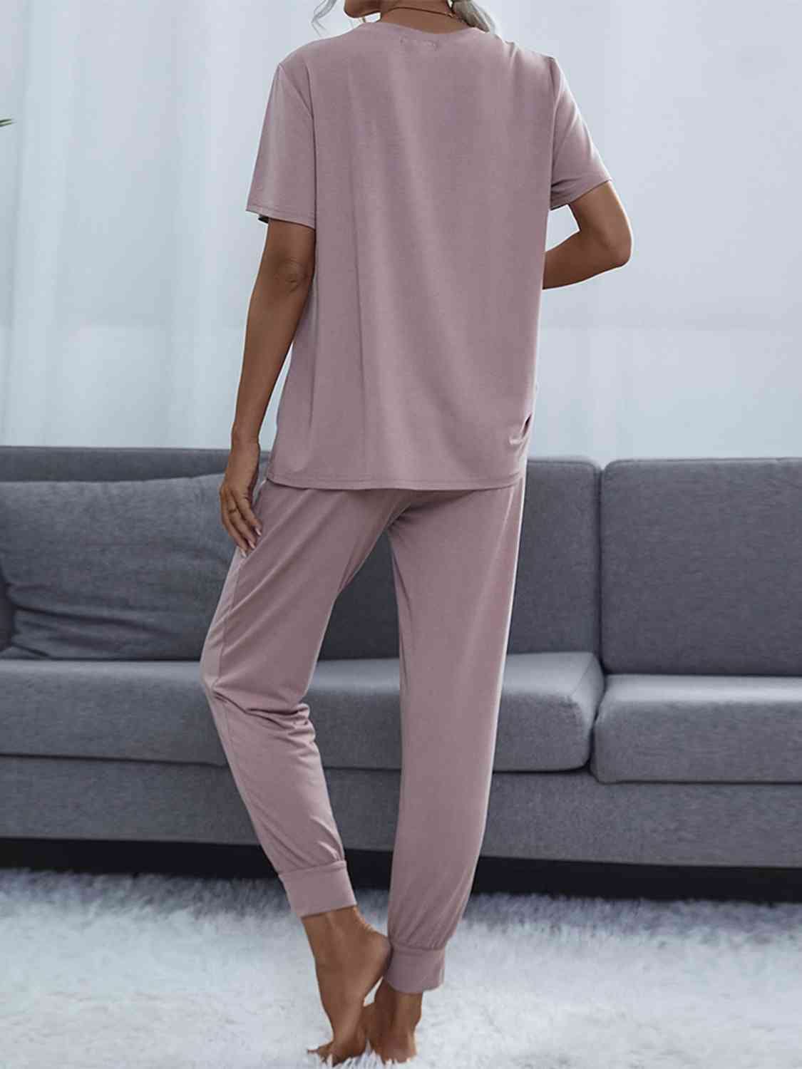 Dim Gray Round Neck Short Sleeve Top and Pants Set