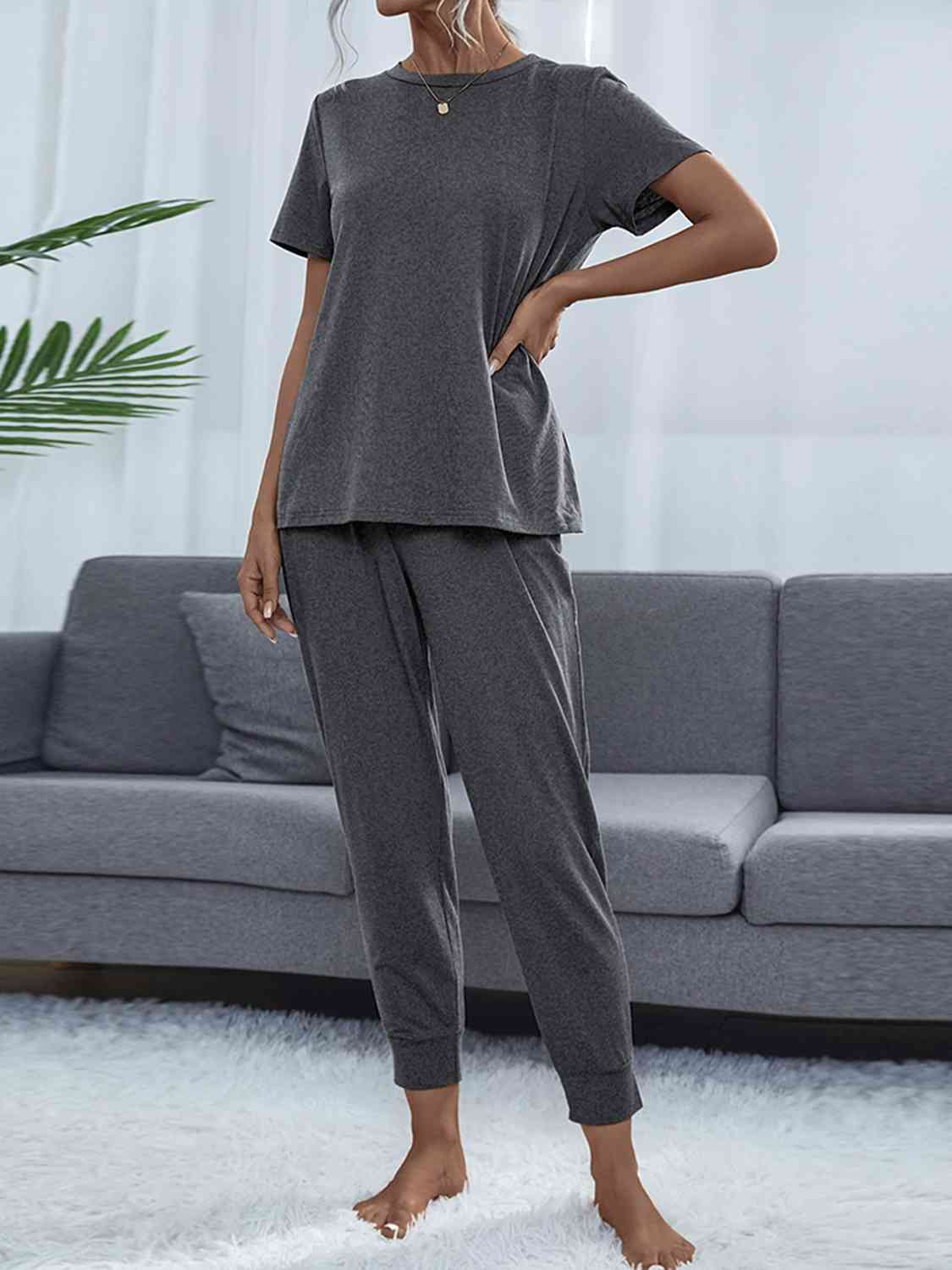 Dark Slate Gray Round Neck Short Sleeve Top and Pants Set