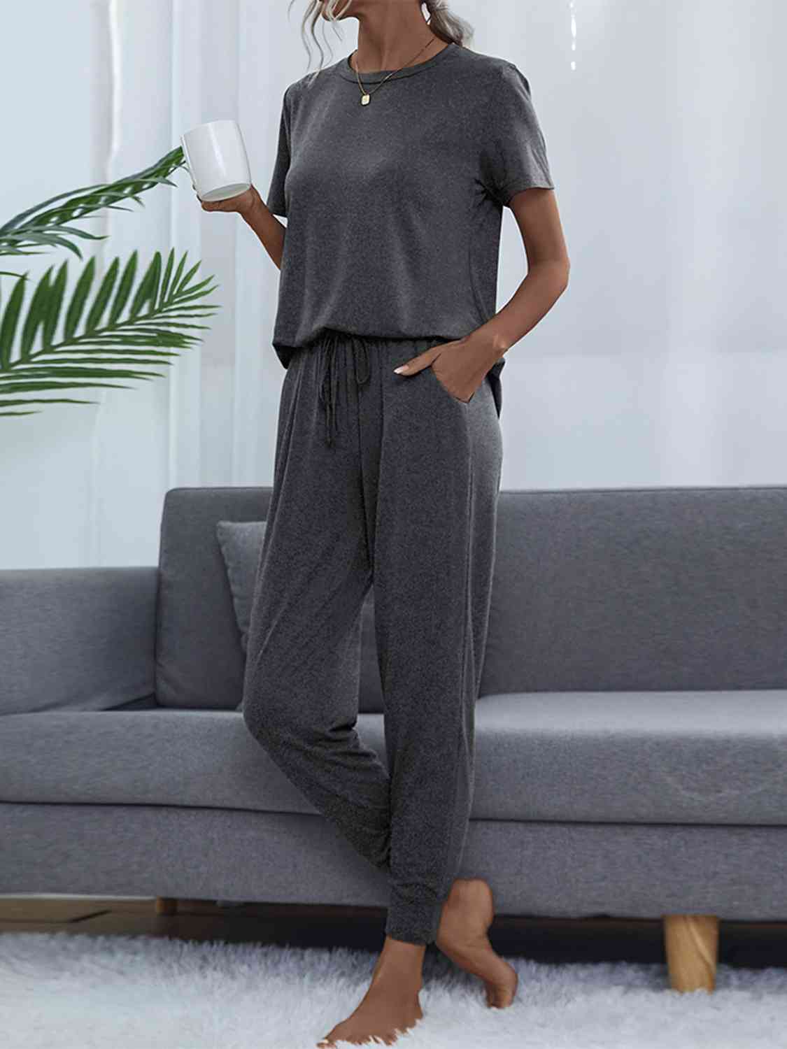 Dark Slate Gray Round Neck Short Sleeve Top and Pants Set