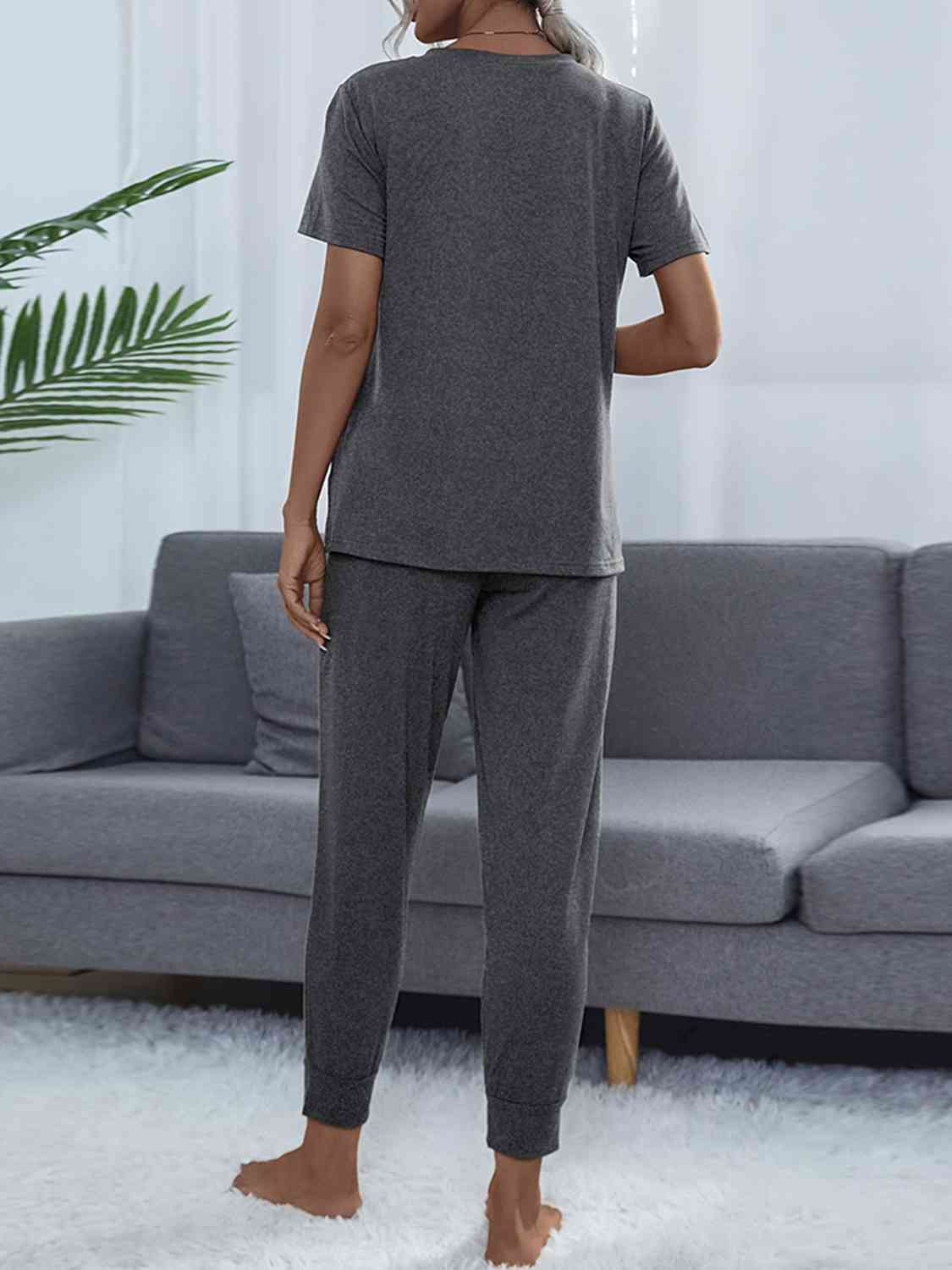 Dark Slate Gray Round Neck Short Sleeve Top and Pants Set