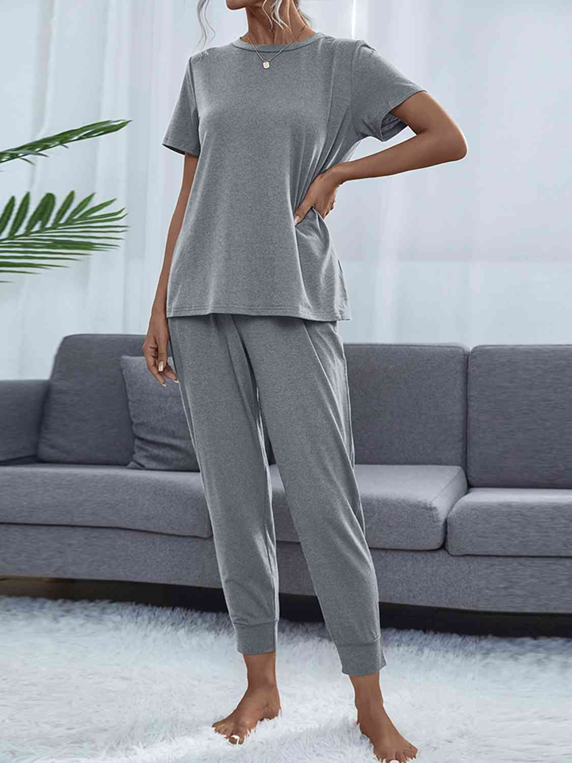 Gray Round Neck Short Sleeve Top and Pants Set