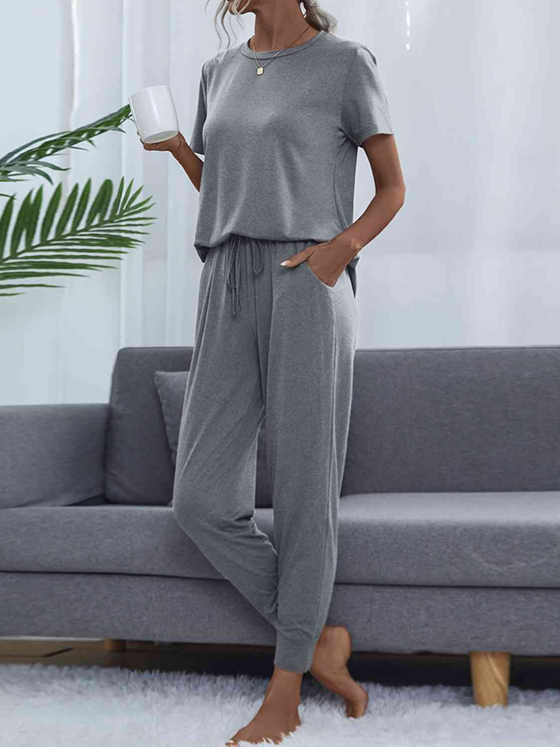 Dim Gray Round Neck Short Sleeve Top and Pants Set