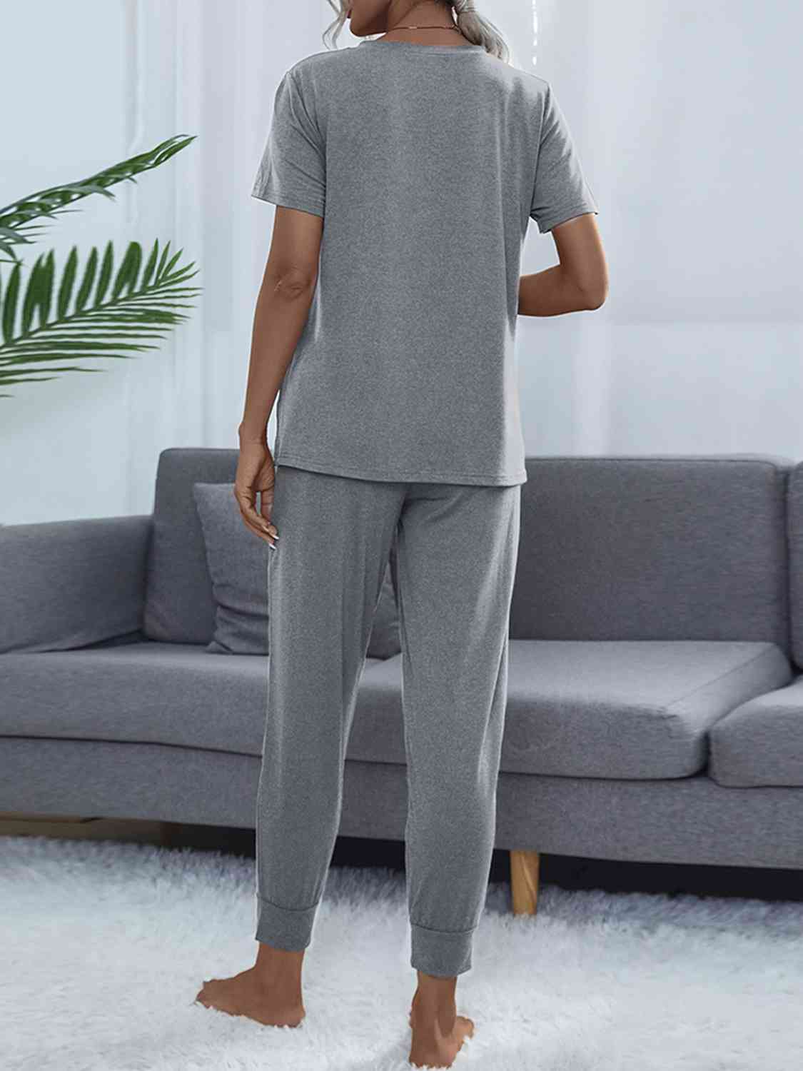 Dim Gray Round Neck Short Sleeve Top and Pants Set