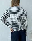 Gray Round Neck Striped Dropped Shoulder T-Shirt