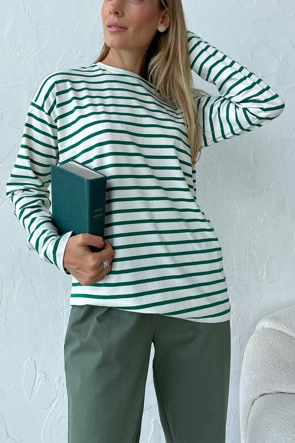 Light Gray Round Neck Striped Dropped Shoulder T-Shirt