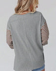 Dark Gray Round Neck Striped Long Sleeve Slit T-Shirt