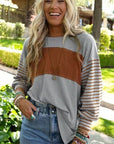 Dim Gray Round Neck Striped Long Sleeve Slit T-Shirt