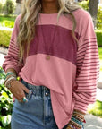 Rosy Brown Round Neck Striped Long Sleeve Slit T-Shirt