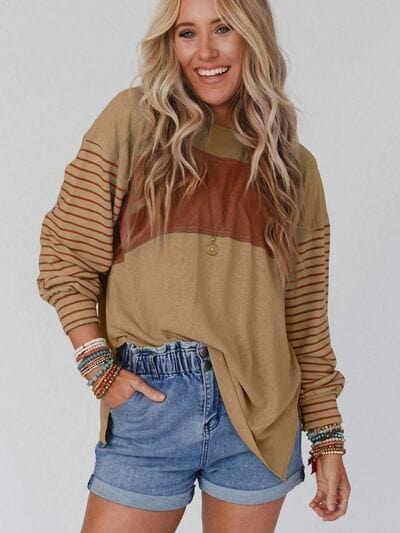 Gray Round Neck Striped Long Sleeve Slit T-Shirt