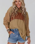 Gray Round Neck Striped Long Sleeve Slit T-Shirt