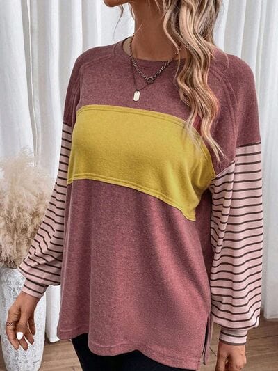 Dim Gray Round Neck Striped Long Sleeve Slit T-Shirt