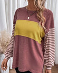 Dim Gray Round Neck Striped Long Sleeve Slit T-Shirt