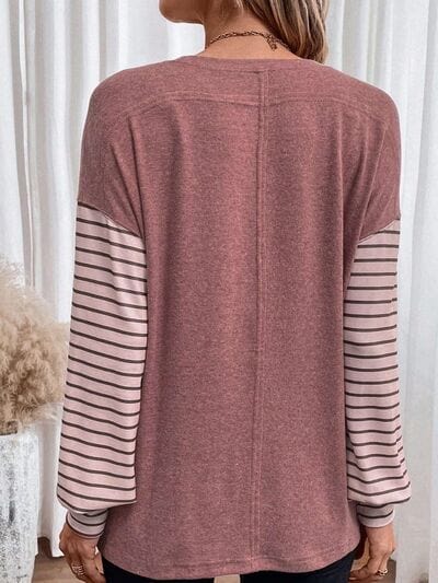 Dim Gray Round Neck Striped Long Sleeve Slit T-Shirt