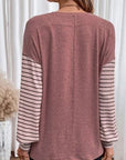 Dim Gray Round Neck Striped Long Sleeve Slit T-Shirt