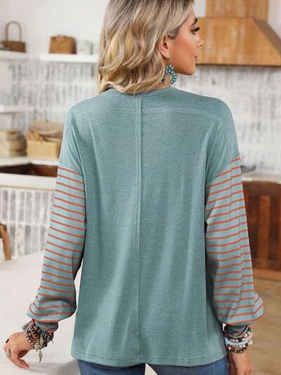 Light Slate Gray Round Neck Striped Long Sleeve Slit T-Shirt