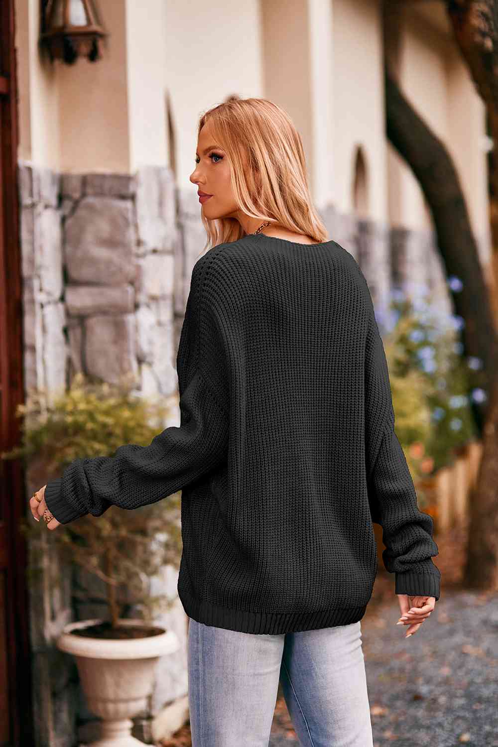 Dark Slate Gray Round Neck Sweater with Pocket