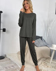 Gray Round Neck Top and Drawstring Pants Lounge Set