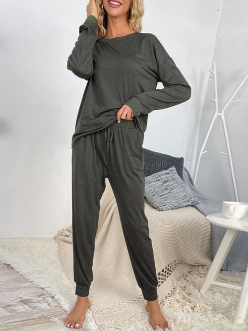 Gray Round Neck Top and Drawstring Pants Lounge Set