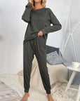 Gray Round Neck Top and Drawstring Pants Lounge Set