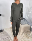 Gray Round Neck Top and Drawstring Pants Lounge Set