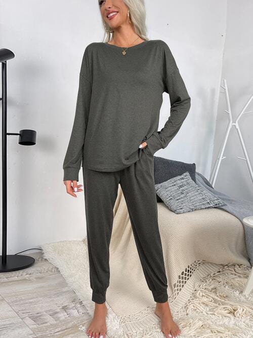 Gray Round Neck Top and Drawstring Pants Lounge Set