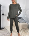 Gray Round Neck Top and Drawstring Pants Lounge Set