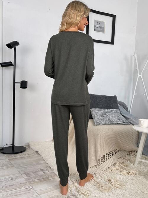 Gray Round Neck Top and Drawstring Pants Lounge Set