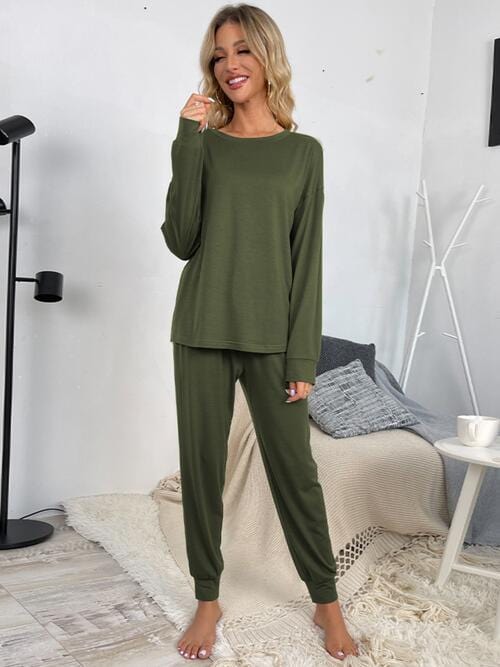 Gray Round Neck Top and Drawstring Pants Lounge Set