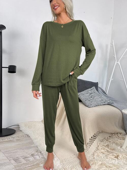 Gray Round Neck Top and Drawstring Pants Lounge Set