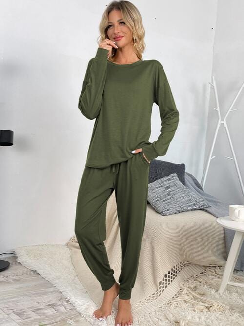 Light Gray Round Neck Top and Drawstring Pants Lounge Set