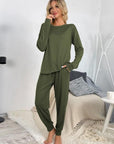 Light Gray Round Neck Top and Drawstring Pants Lounge Set