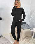 Light Gray Round Neck Top and Drawstring Pants Lounge Set