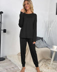 Gray Round Neck Top and Drawstring Pants Lounge Set