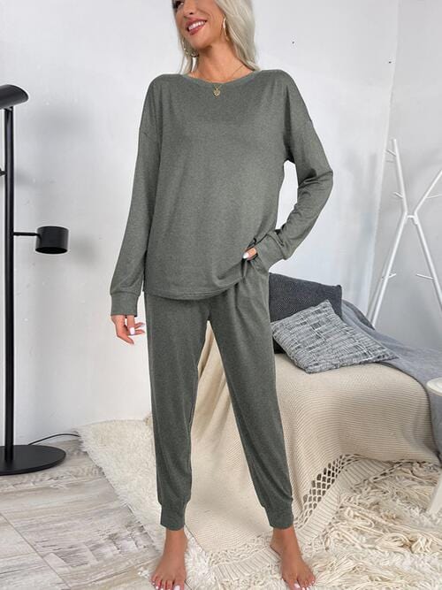 Gray Round Neck Top and Drawstring Pants Lounge Set