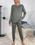 Gray Round Neck Top and Drawstring Pants Lounge Set