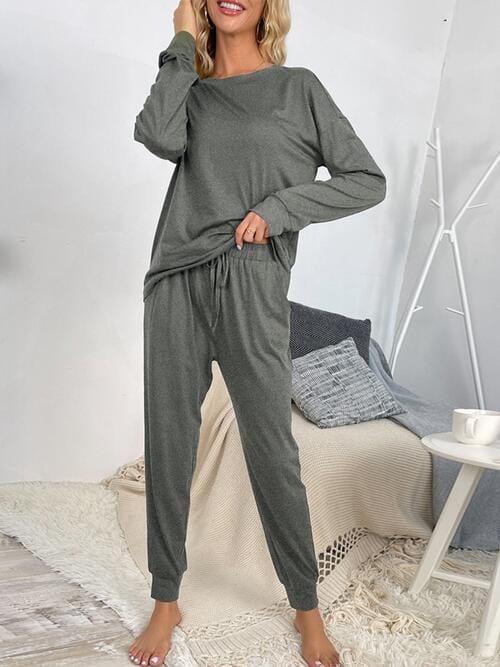 Light Gray Round Neck Top and Drawstring Pants Lounge Set