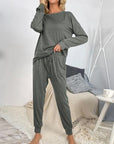 Light Gray Round Neck Top and Drawstring Pants Lounge Set